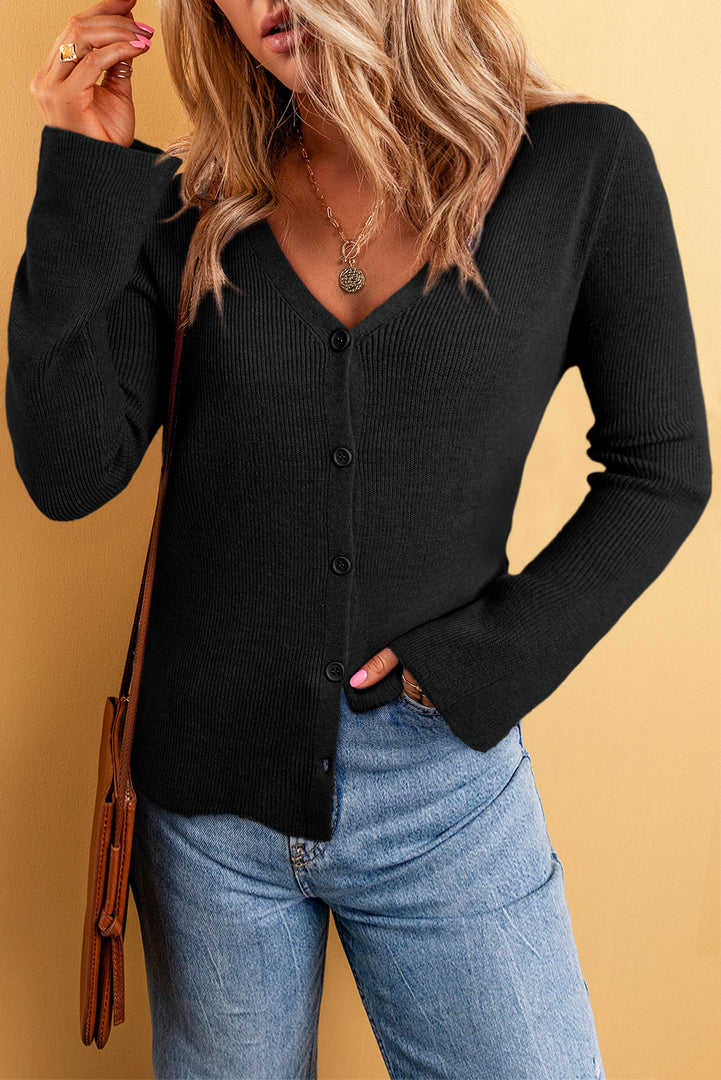 White Lightweight Ribbed Knit Button Front V Neck Cardigan