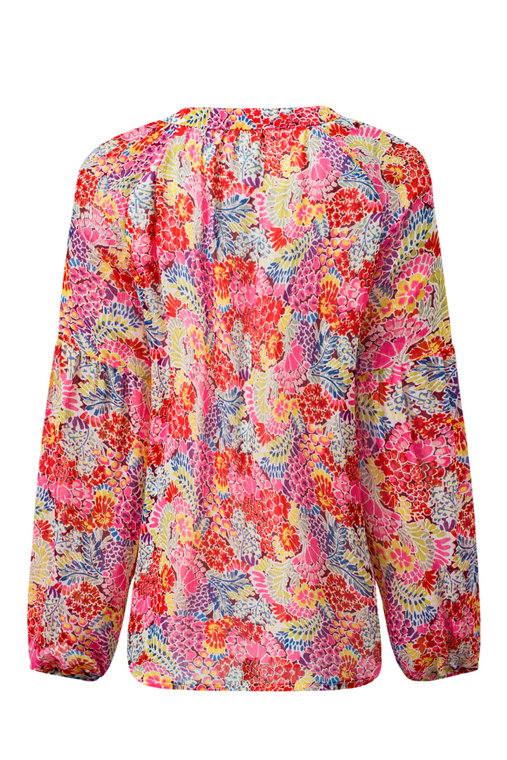 Fiery Red White Floral Print V Neck Long Puff Sleeve Top - Fashion Queen -  13