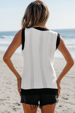 Load image into Gallery viewer, White Contrast Trim Eyelet Knit Colorblock V Neck Sweater Vest

