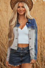 Load image into Gallery viewer, Dusk Blue Color Block Patchwork Flap Detail Distress Denim Jacket
