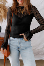Load image into Gallery viewer, Black Lace Patchwork Flounce Sleeve Slim Fit Top
