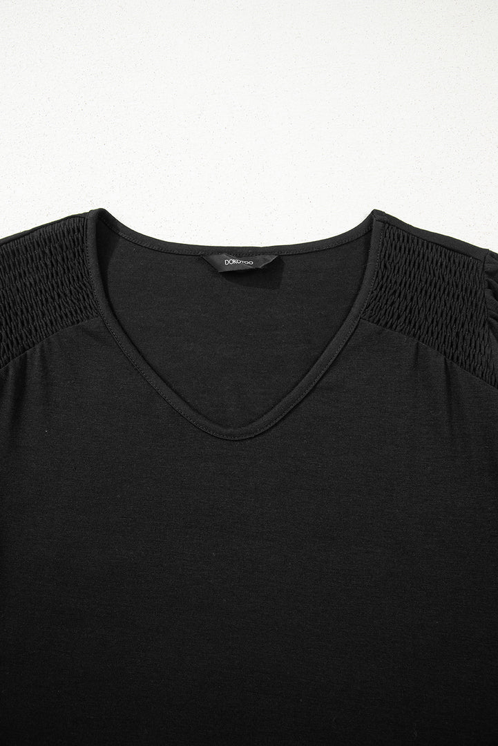 Black Shirred Shoulder Frilled Cuffs Long Sleeve Top