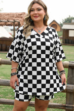 Load image into Gallery viewer, Black Checkered Pattern Tee and Shorts Plus Size Two Piece Set
