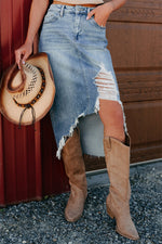Load image into Gallery viewer, Myosotis Irregular Distressed Bottom Denim Midi Skirt - Fashion Queen -  1
