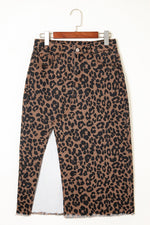 Load image into Gallery viewer, Brown Leopard Denim Frayed Split Denim Midi Skirt - Fashion Queen -  3
