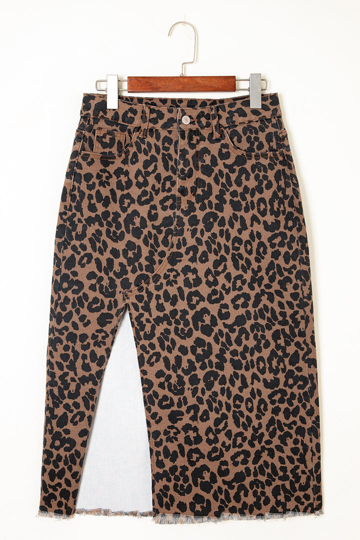 Brown Leopard Denim Frayed Split Denim Midi Skirt - Fashion Queen -  3