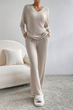 Load image into Gallery viewer, Black Ribbed Knit V Neck Slouchy Two-piece Outfit - Fashion Queen
