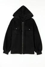Load image into Gallery viewer, Black Flap Pocket Drawstring Hood Zip Up Jacket
