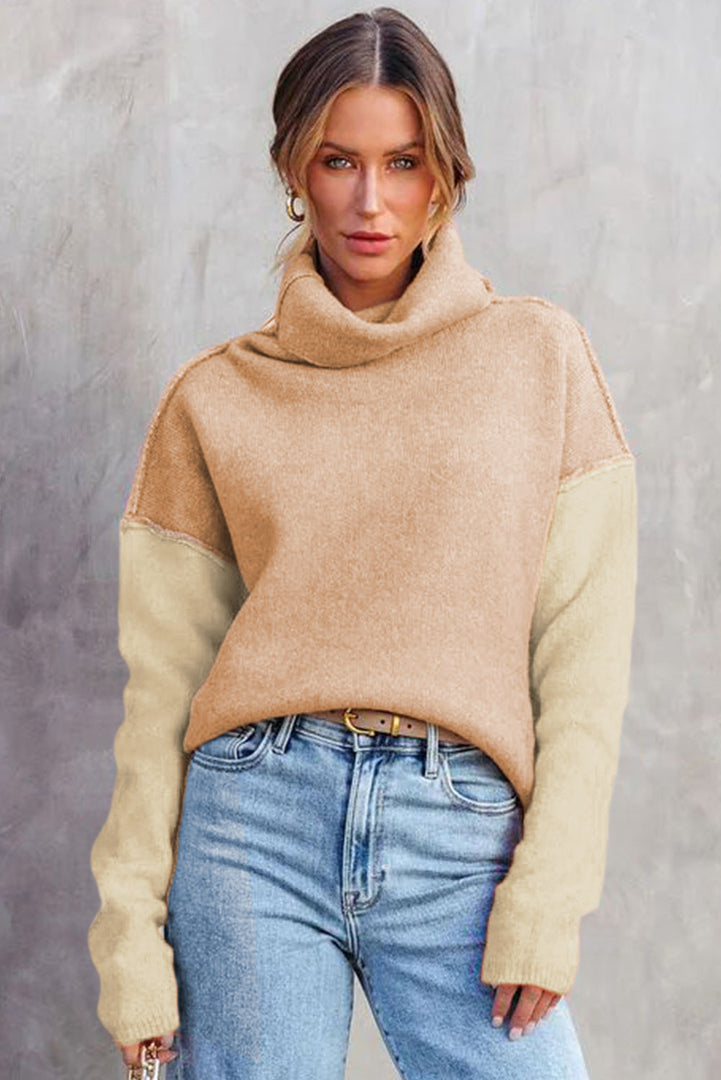 White Color Block Turtle Neck Drop Shoulder Knit Sweater