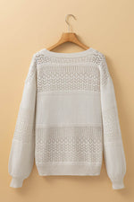 Load image into Gallery viewer, Black Eyelet Pattern Detail V Neck Drop Shoulder Sweater - Fashion Queen
