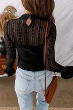 Load image into Gallery viewer, Black Lace Patchwork Flounce Sleeve Slim Fit Top
