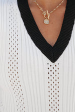 Load image into Gallery viewer, White Contrast Trim Eyelet Knit Colorblock V Neck Sweater Vest
