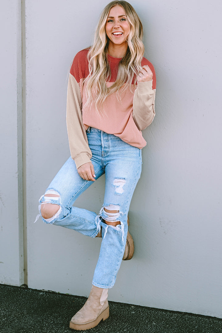 Multicolor Color Block Long Sleeve Ribbed Loose Top