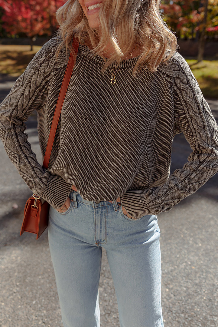 Dark Brown Contrast Cable Knit Sleeve Casual Sweater - Fashion Queen -  1