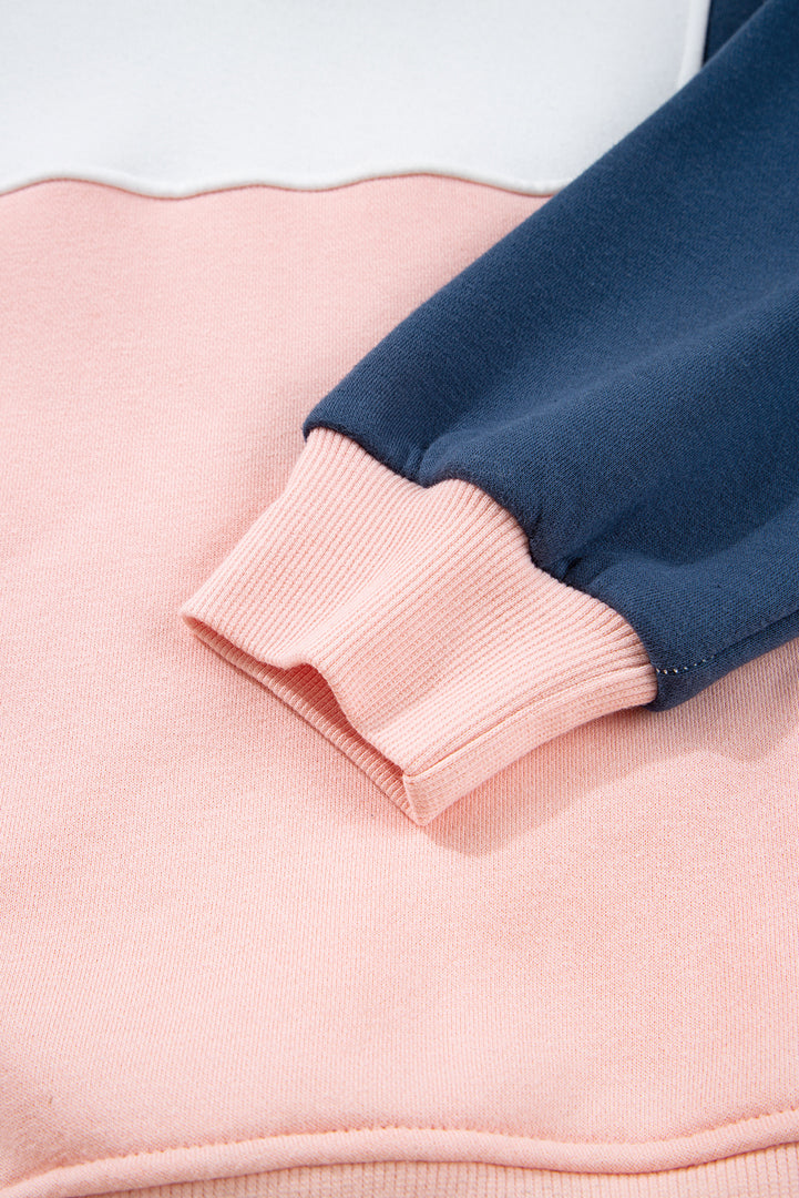 Pink Colorblock Patchwork Half Button Baggy Sweatshirt