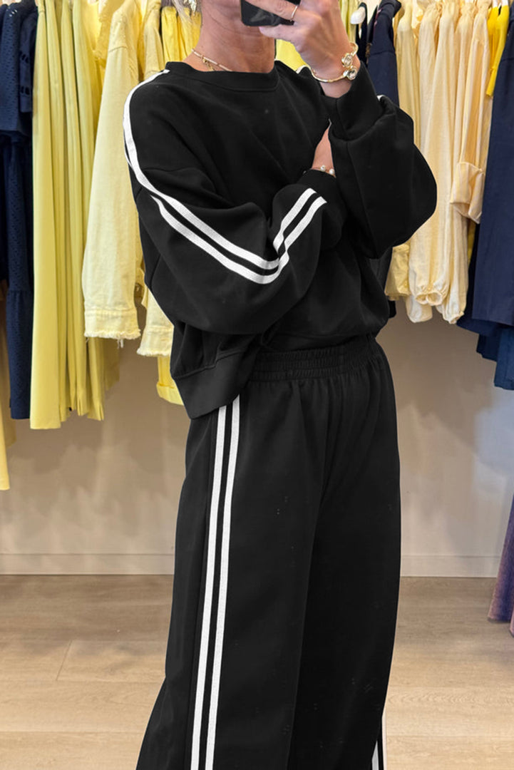 Fiery Red Varsity Striped Detail Crewneck Pullover Elastic Sweatpants 2pcs Outfit