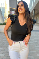 Load image into Gallery viewer, Black Leatherette Ruffle Patchwork Ribbed V Neck Bodysuit
