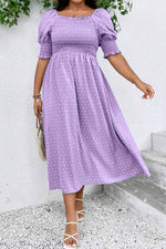 Load image into Gallery viewer, Wisteria Swiss Dot Smocked Frilled Neckline Short Sleeve Plus Size Dress
