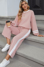 Load image into Gallery viewer, Pink Varsity Stripe Patchwork Puff Sleeve Pullover Drawstring Wide Leg Pant Set
