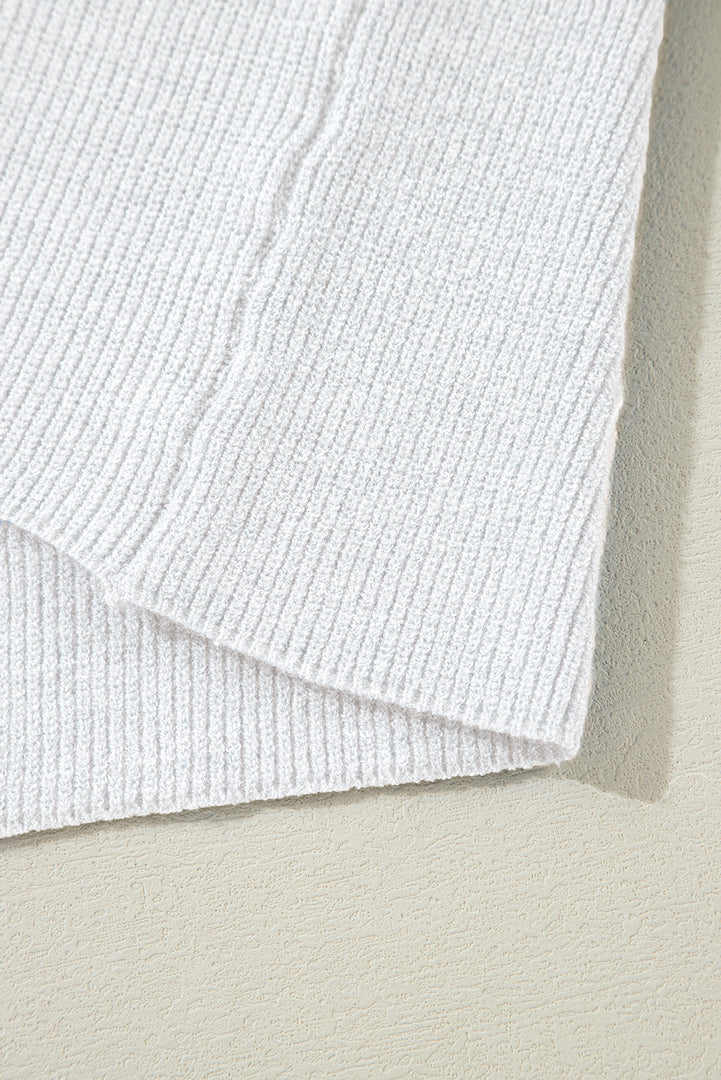White Lightweight Ribbed Knit Button Front V Neck Cardigan