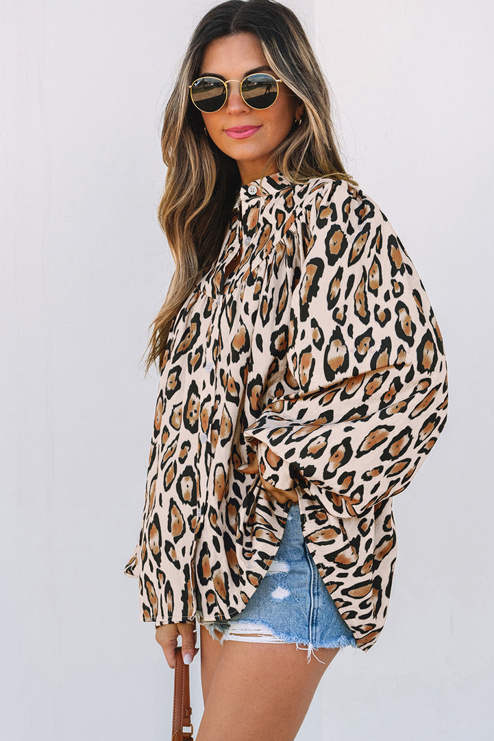 Rose Red Oversized Leopard Print Balloon Sleeve Casual Shirt