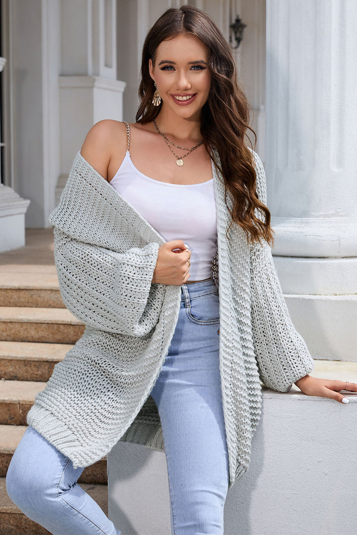 White Chunky Oversize Knit Drop Shoulder Puff Sleeve Cardigan