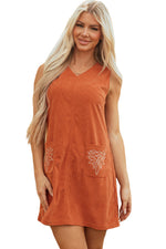 Load image into Gallery viewer, Gold Flame Corduroy Western Embroidered Patched Pocket Shift Sleeveless Mini Dress
