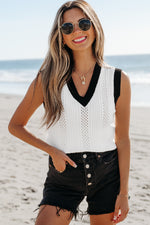 Load image into Gallery viewer, White Contrast Trim Eyelet Knit Colorblock V Neck Sweater Vest
