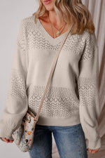 Load image into Gallery viewer, Black Eyelet Pattern Detail V Neck Drop Shoulder Sweater - Fashion Queen
