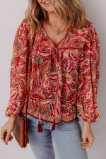 Load image into Gallery viewer, Multicolour Ethnic Paisley Print Tassel Tie Puff Sleeve Boho Blouse - Fashion Queen -  1
