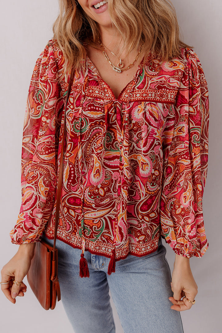 Multicolour Ethnic Paisley Print Tassel Tie Puff Sleeve Boho Blouse - Fashion Queen -  1