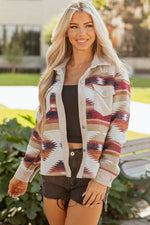 Load image into Gallery viewer, Multicolour Western Aztec Striped Patchwork Double Flap Pocket Raw Hem Shacket
