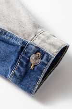 Load image into Gallery viewer, Dusk Blue Color Block Patchwork Flap Detail Distress Denim Jacket
