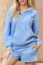 Load image into Gallery viewer, Light Blue Button Drawstring Hooded Pullover and Casual Short Set
