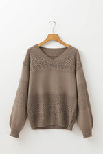Load image into Gallery viewer, Black Eyelet Pattern Detail V Neck Drop Shoulder Sweater - Fashion Queen
