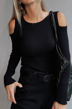 Load image into Gallery viewer, Black Ribbed Knit Cold Shoulder Sweater - Fashion Queen -  1
