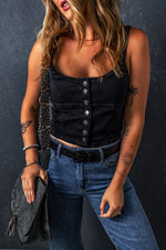Load image into Gallery viewer, Black Acid Wash Buttoned Cropped Slim Denim Tank Top
