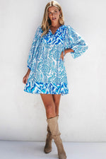 Load image into Gallery viewer, Rose Bohemian Print Puff Sleeve Tied V Neck Flared Mini Dress - Fashion Queen
