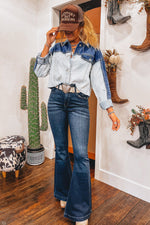 Load image into Gallery viewer, Dusk Blue Color Block Patchwork Flap Detail Distress Denim Jacket - Fashion Queen -  4
