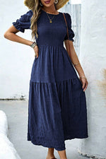 Load image into Gallery viewer, Sail Blue Solid Textured Smocked Puff Short Sleeve High Waist Long Dress - Fashion Queen -  4
