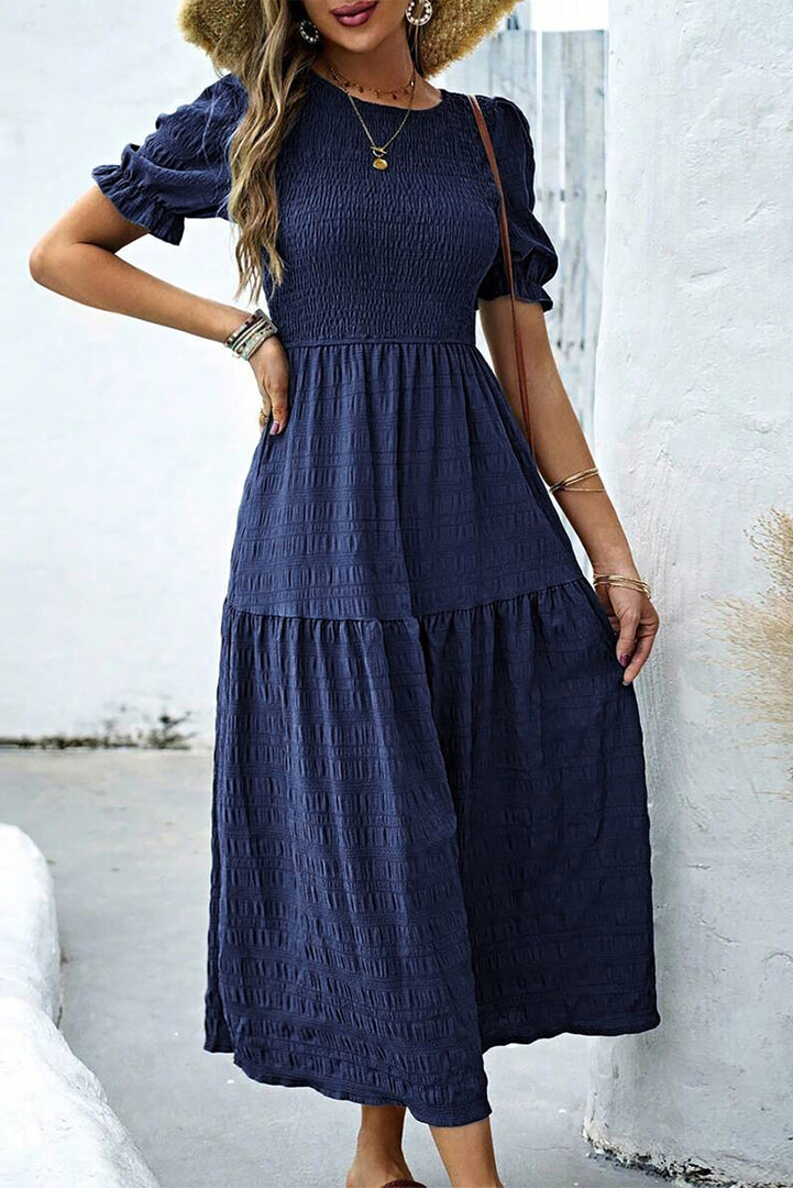 Sail Blue Solid Textured Smocked Puff Short Sleeve High Waist Long Dress - Fashion Queen -  4