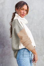 Load image into Gallery viewer, White Color Block Turtle Neck Drop Shoulder Knit Sweater
