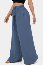 Load image into Gallery viewer, Sail Blue High Waisted Tie Front Side Pocket Wide Leg Flowy Casual Pants
