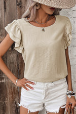 Load image into Gallery viewer, Beige Solid Color Ruffled Short Sleeve Casual Blouse
