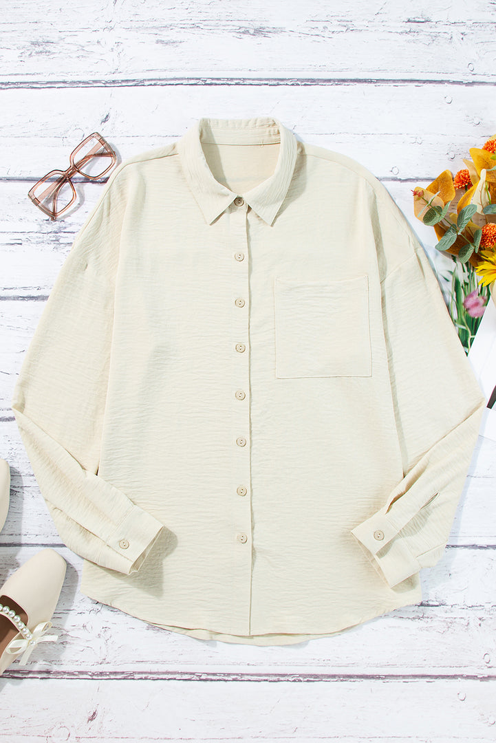 Beige Pure Color Patch Pocket Shirt - Fashion Queen -  7