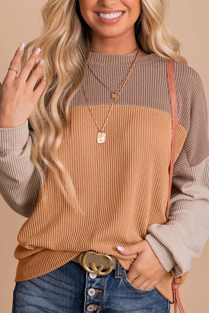 Multicolor Color Block Long Sleeve Ribbed Loose Top - Fashion Queen -  19
