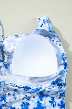 Load image into Gallery viewer, Blue Floral Ruffled Strap Lace-up Hollow Out One Piece Swimsuit - Fashion Queen
