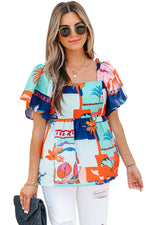 Load image into Gallery viewer, Sky Blue Tropical Printed Square Neck Flutter Sleeve Babydoll Blouse
