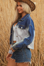 Load image into Gallery viewer, Dusk Blue Color Block Patchwork Flap Detail Distress Denim Jacket
