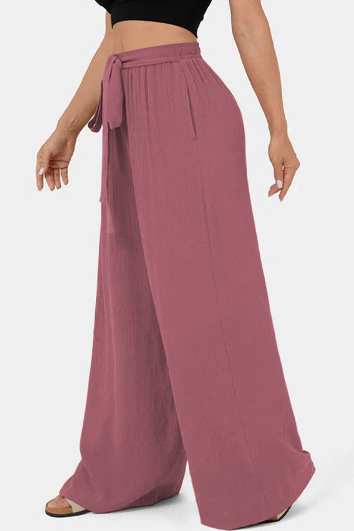 Sail Blue High Waisted Tie Front Side Pocket Wide Leg Flowy Casual Pants